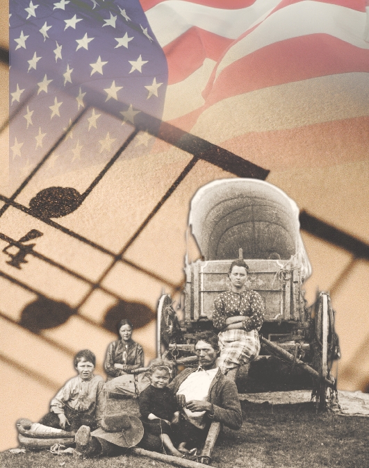 photograph of a book cover with a family of pioneers and covered wagon