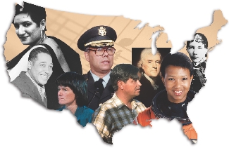 illustration of a map of the United States with photos of people's faces