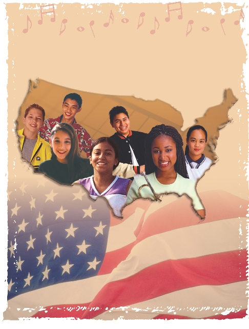 illustration of map of the United States, the U.S. flag and photos of people's faces