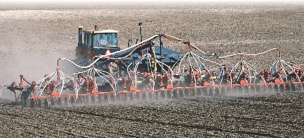 A machine called a drill is used to plant wheat seeds.