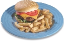 photograph of a hamburger and French fries on a plate