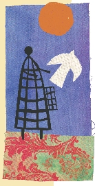 Photograph of media art showing a bird flying out of a bird cage