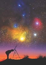 Photograph of a person looking at the stars through a telescope.