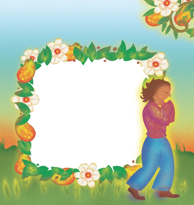 Illustration of Carmen walking in her yard.