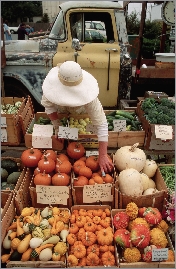 The farmer sells her produce at an outdoor market.