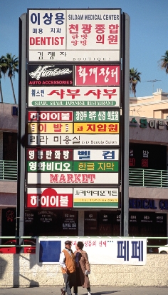 Many Koreans moved to Los Angeles, California, in the 1960s. Now many businesses have signs in Korean and English.