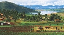 Photograph of a village from far away with houses, trees, mountains, and a river