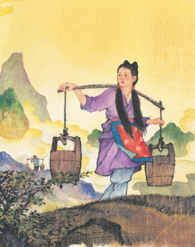 Illustration of Shu Fa carrying two buckets of water attached to a pole across her shoulders.