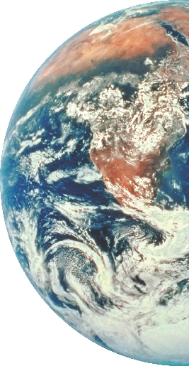 Photograph of the round planet Earth showing land, water, and swirls of clouds