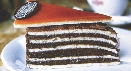 Photograph of a slice of four-layer chocolate cake with frosting in between