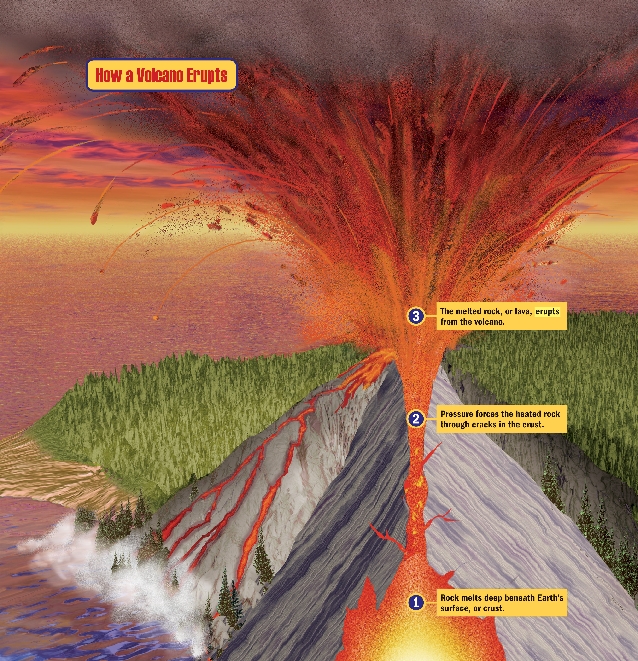 How a Volcano Erupts

1 Rock melts deep beneath Earth’s surface, or crust.
2 Pressure forces the heated rock through cracks in the crust.
3 The melted rock, or lava, erupts from the volcano.
