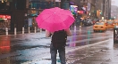 Photograph of a person on a city street walking with an umbrella