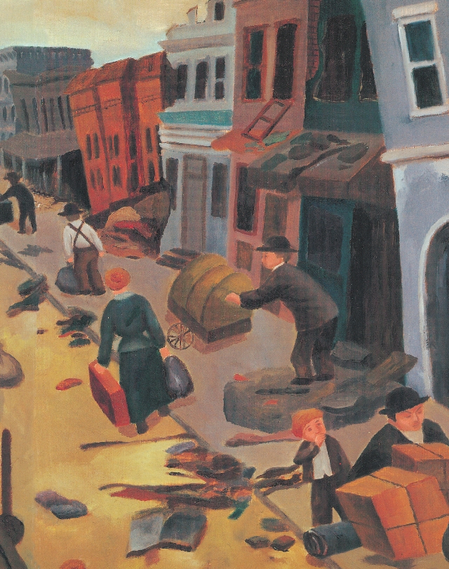 Illustration of people walking through the street with suitcases in hand after the 1906 earthquake