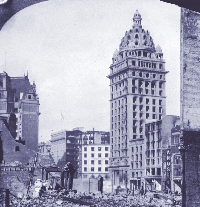 Photograph of buildings after 1906 earthquake in San Francisco—some of which are leaning to the side