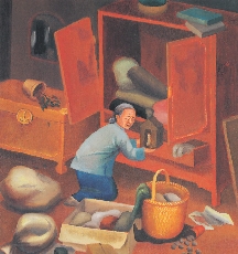 Illustration of inside of a home with items falling—bowls, paintbrushes, picture frames