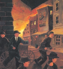 Illustration of a man pulling a cart. In the background are destroyed buildings that are on fire