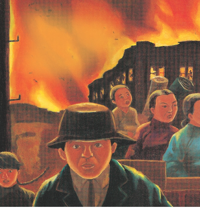 Illustration of people fleeing the burning city on foot