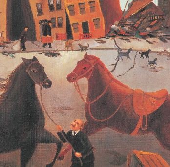 Illustration of cats, dogs, horses, and people running along the street in terror