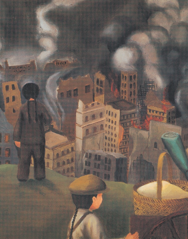 Illustration of two young children looking down at their destroyed and burning city from a distance