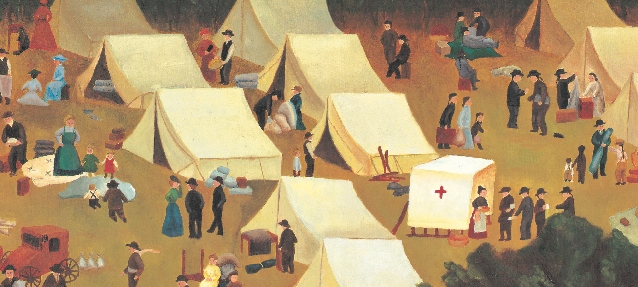 Illustration of people standing and sitting around rows of tents