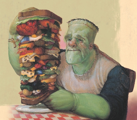 Illustration of Frankenstein at a kitchen table eating a very tall sandwich piled high