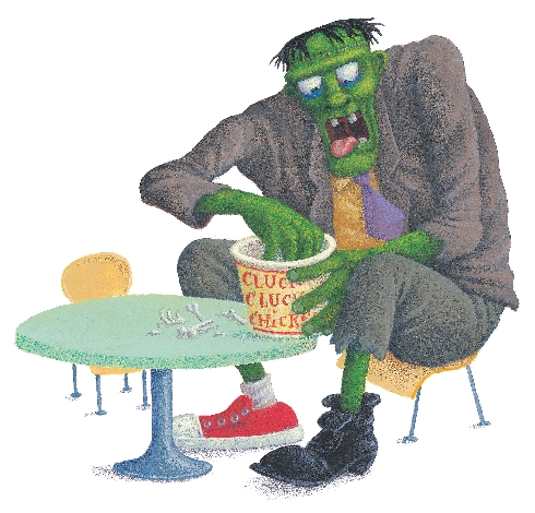 Illustration of Frankensteinz eating hungrily from a large bucket of chicken