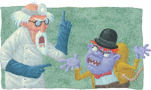 Illustration of Dr. Frankenstein talking to Ygor and looking angry