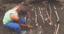 Photograph of a person assembling the bones of a skeleton on ground