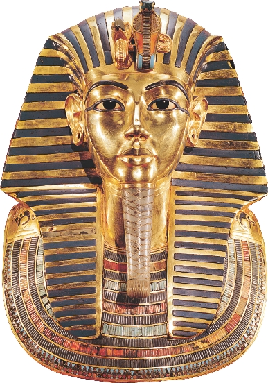 Photograph of King Tut's burial mask made of gold and jewels