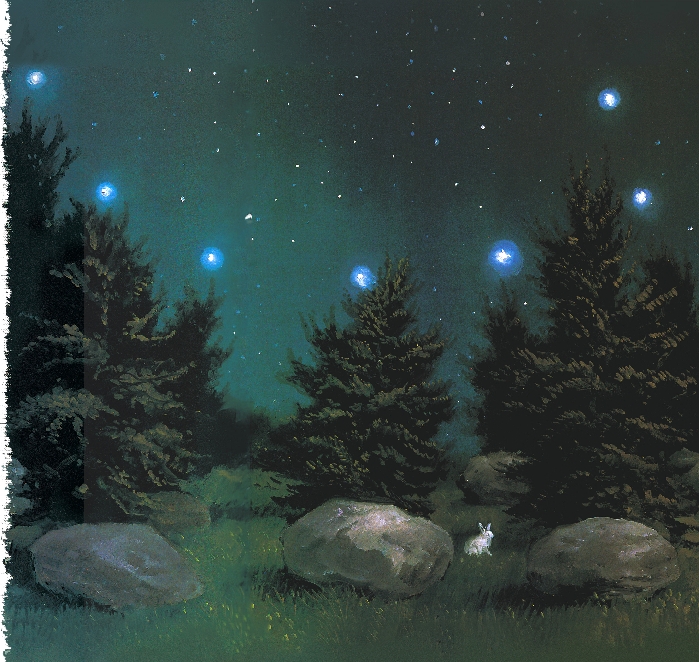 Illustration of woods at night showing seven bright stars, seven cedar trees, and very large stones