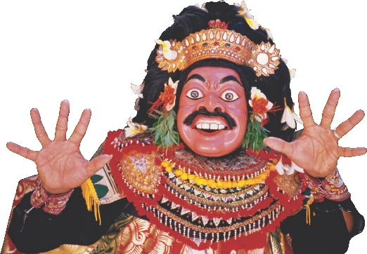 An actor from Bali wears a mask in a play. The mask helps the actor show the spirit of the character.