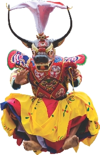 A masked dancer from Bhutan performs a jumping dance.