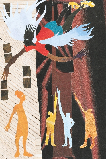 Illustration of Ikarus Jackson with wings flying over the rooftops as people below look up and point at him