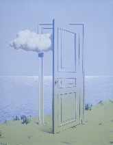 Illustration of door frame along the ocean with the door open and a cloud passing through it