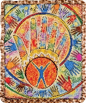 Photograph of fabric art: colorful hands in a circle with each hand reflecting a different culture