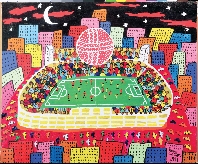 Illustration of aerial view of a soccer stadium showing crowd and players