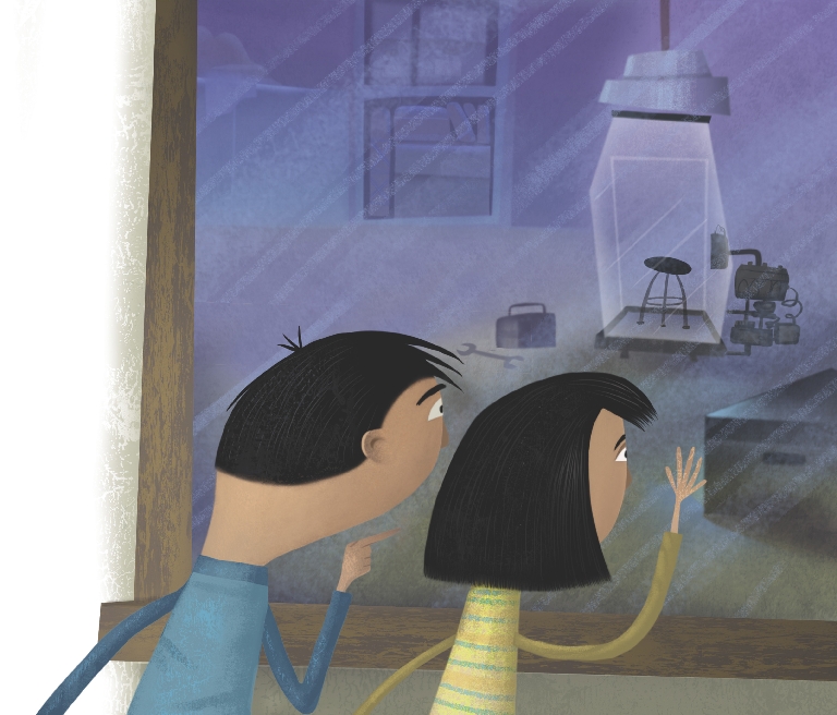 Illustration of two children looking at the time machine through a window