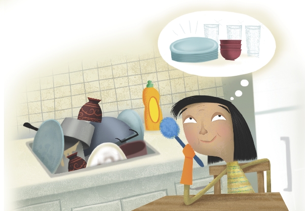 Illustration of Angela by a sink full of dirty dishes. A thought bubble shows that Angela is thinking about clean dishes.