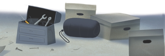 Illustration of a tool box, three boxes, and a rolled up sleeping bag