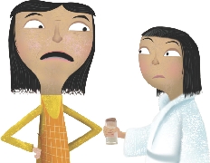 Illustration of Mrs. Tang talking to Angela who has wet hair and her bathrobe on