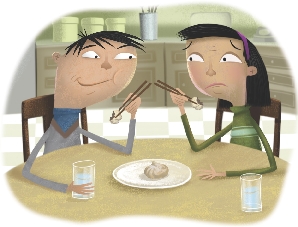 Illustration of Peter and Angela eating humbow together