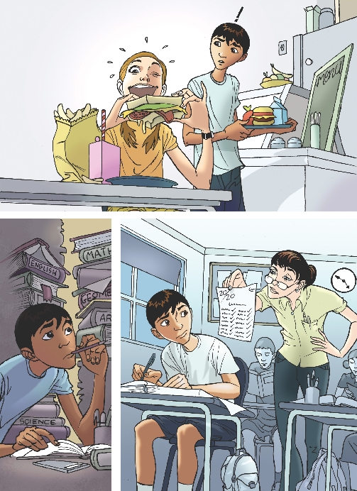 Illustrations of scenes from the story: Estela eating lunch; Jose doing homework; Mrs. Flores handing quiz to Jose