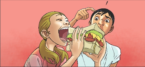 Illustration of Jose watching Estela eat an enormous sandwich