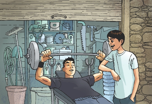 Illustration of Freddie lifting weights in his garage