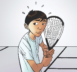 Illustration of Jose with his racket looking nervous