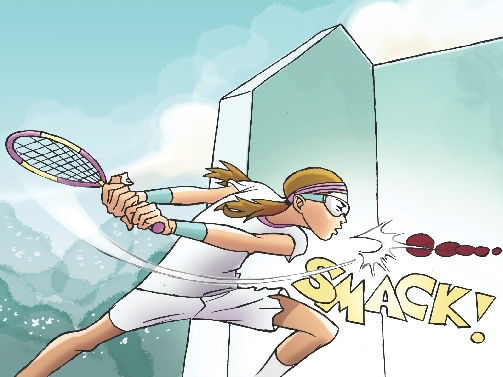 Illustration of Estela smacking the ball hard with her racket