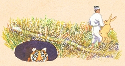 Illustration of the tiger in the hole as the man and rabbit leave