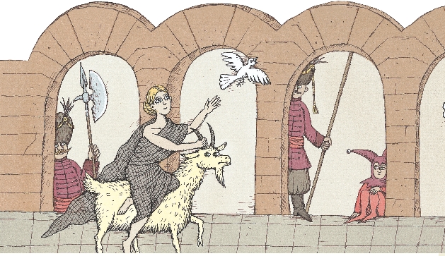 Illustration of Rachel riding a goat and releasing two doves