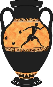 Illustration of a Grecian urn with a running man and three apples