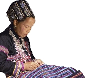 Photograph of woman in traditional dress sewing